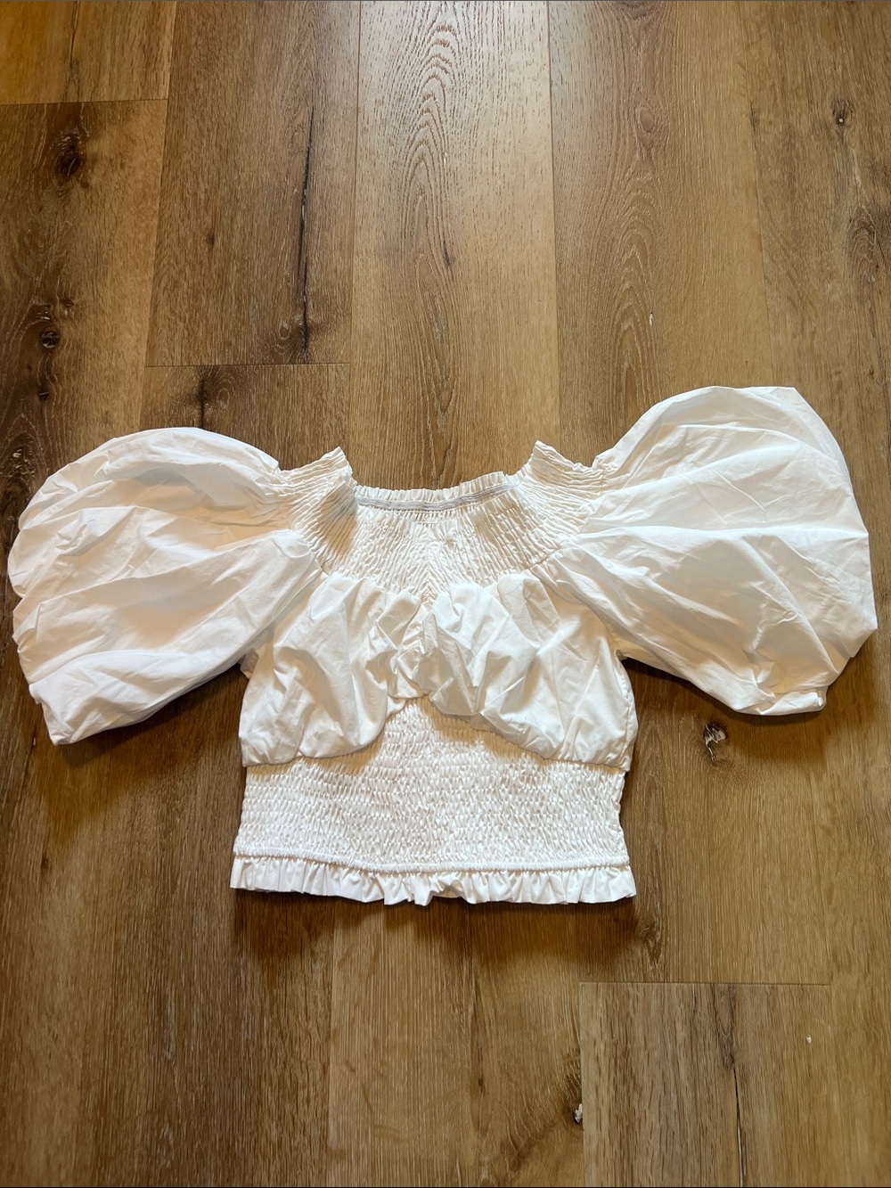 Mable Small Puff-Sleeve Smocked Crop Top - White